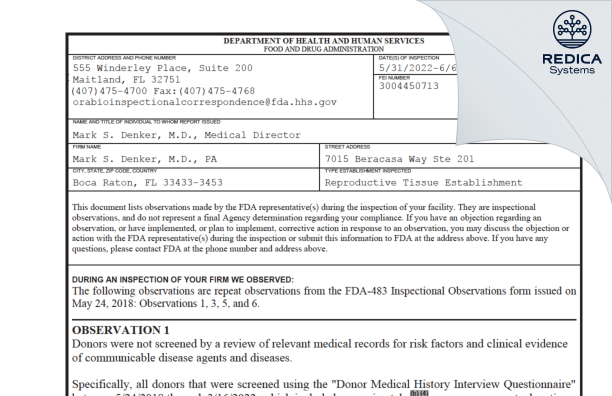 FDA 483 - Denker, Mark S, MD PA [Boca Raton / United States of America] - Download PDF - Redica Systems