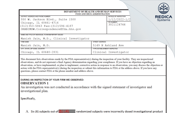 FDA 483 - Manish Jain, M.D. [Chicago / United States of America] - Download PDF - Redica Systems