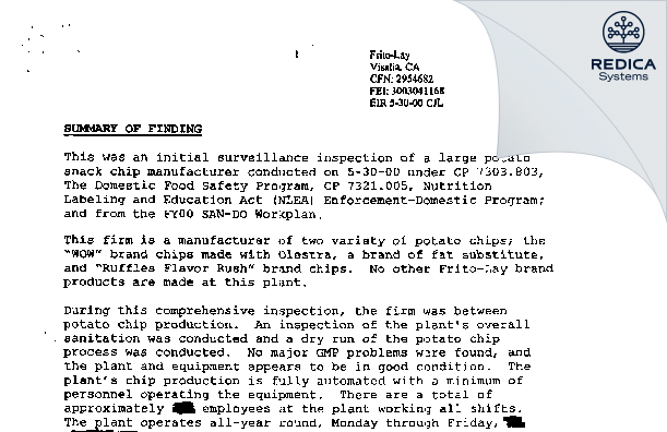 EIR - Frito Lay [Visalia / United States of America] - Download PDF - Redica Systems