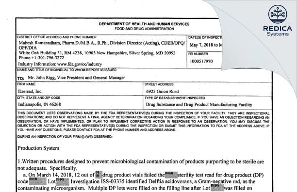FDA 483 - Exelead, Inc. [Indianapolis / United States of America] - Download PDF - Redica Systems