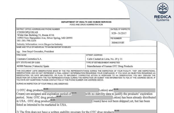 FDA 483 - Casmara Cosmetics, S.A. [Paterna / Spain] - Download PDF - Redica Systems