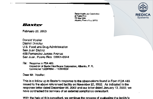 FDA 483 Response - Baxter Healthcare Corporation [Rico / United States of America] - Download PDF - Redica Systems