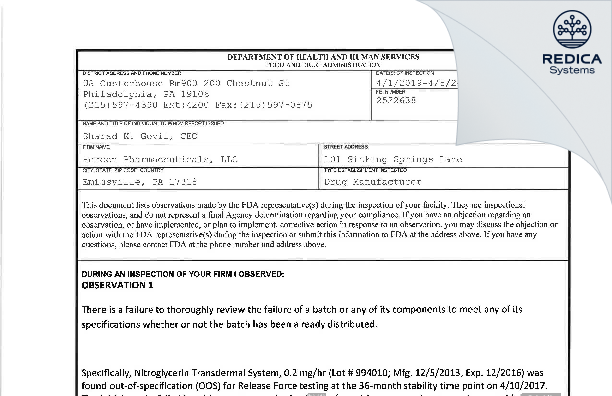 FDA 483 - Hercon Pharmaceuticals LLC [Emigsville Pennsylvania / United States of America] - Download PDF - Redica Systems