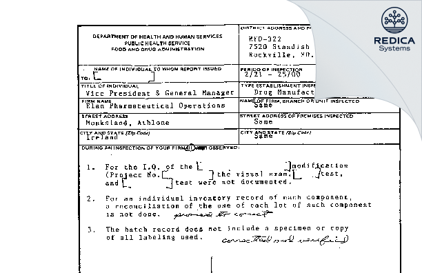 FDA 483 - Elan Pharmaceutical Operations [Athlone / Ireland] - Download PDF - Redica Systems