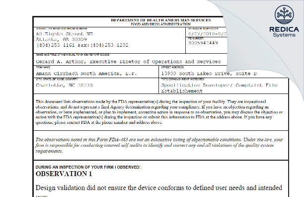 FDA 483 - Amann Girrbach North America, L.P. [Charlotte / United States of America] - Download PDF - Redica Systems