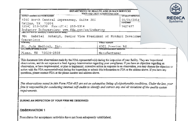 FDA 483 - Abbott Medical [Plano / United States of America] - Download PDF - Redica Systems