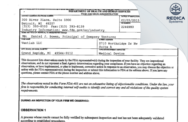 FDA 483 - Ventlab LLC [Grand Rapids / United States of America] - Download PDF - Redica Systems