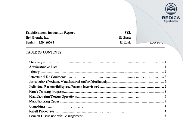EIR - Bell Brands, Inc. [Sanborn / United States of America] - Download PDF - Redica Systems