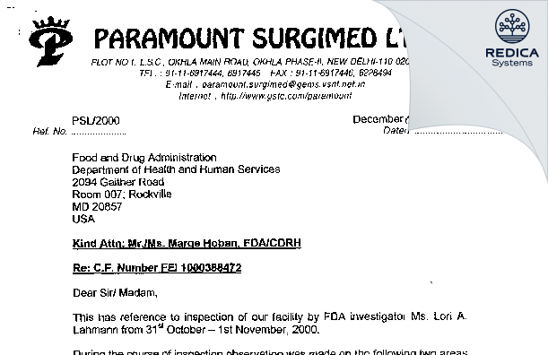 FDA 483 Response - Paramount Surgimed Limited [Ph-1 / India] - Download PDF - Redica Systems
