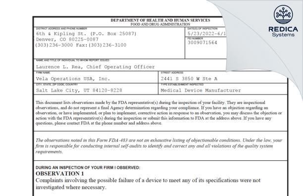 FDA 483 - Vela Operations USA, Inc. [Salt Lake City / United States of America] - Download PDF - Redica Systems