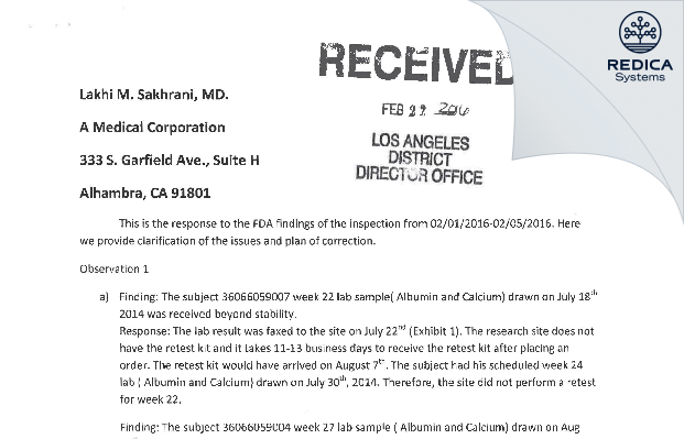 FDA 483 Response - Lakhi Sakhrani [San Gabriel / United States of America] - Download PDF - Redica Systems