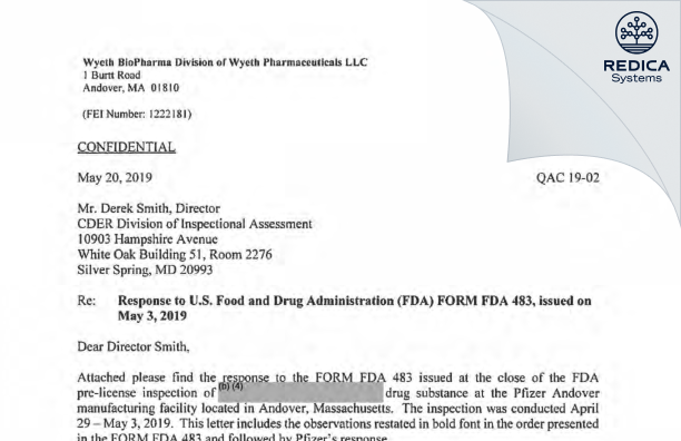 FDA 483 Response - Wyeth BioPharma Division of Wyeth Pharmaceuticals LLC [Andover / United States of America] - Download PDF - Redica Systems