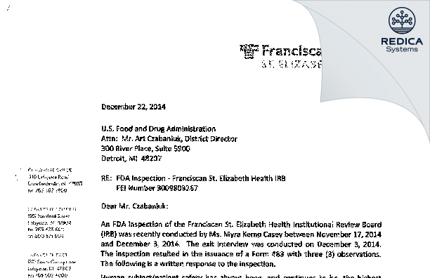 FDA 483 Response - Institutional Review Board of Franciscan Health Lafayette [Lafayette / United States of America] - Download PDF - Redica Systems