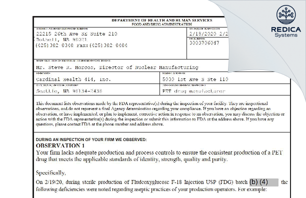 FDA 483 - Cardinal Health 414, LLC [Seattle / United States of America] - Download PDF - Redica Systems