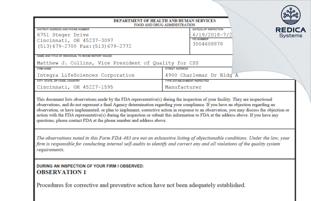 FDA 483 - Integra LifeSciences Corporation [Cincinnati / United States of America] - Download PDF - Redica Systems