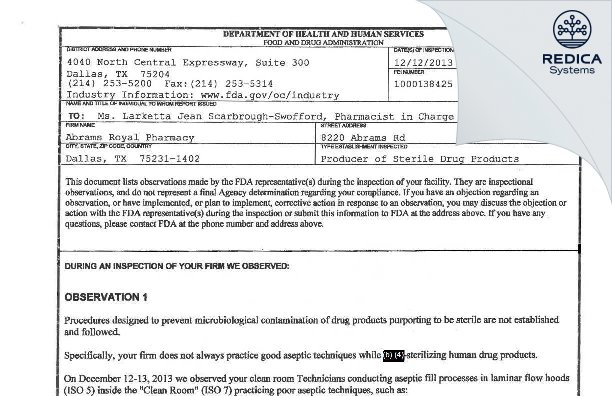 FDA 483 - Abrams Royal Pharmacy [Dallas / United States of America] - Download PDF - Redica Systems