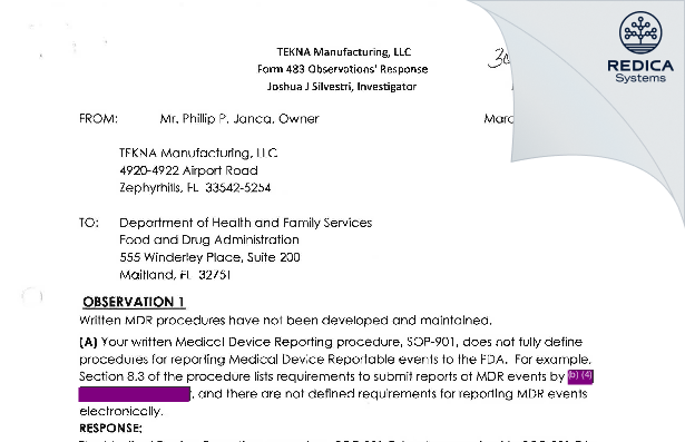 FDA 483 Response - Tekna Manufacturing, LLC [Zephyrhills / United States of America] - Download PDF - Redica Systems