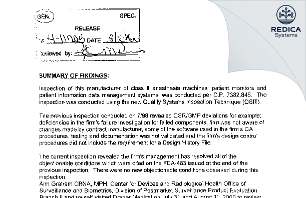 EIR - Draeger Medical, Inc. [Telford / United States of America] - Download PDF - Redica Systems