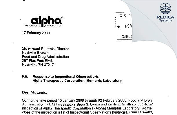 FDA 483 Response - Alpha Therapeutic Corporation [Memphis / United States of America] - Download PDF - Redica Systems