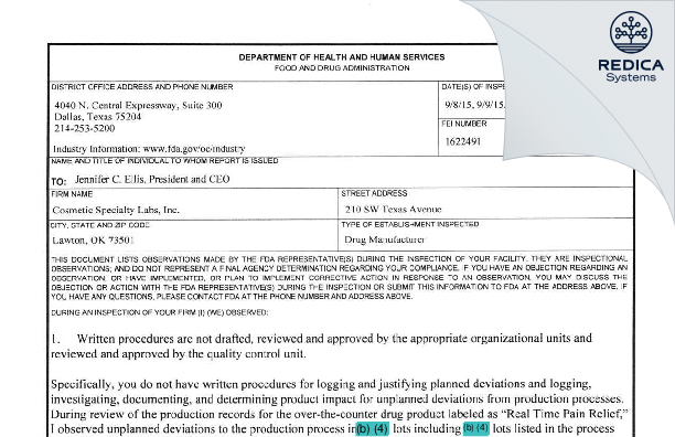 FDA 483 - Cosmetic Specialty labs, Inc. [Lawton / United States of America] - Download PDF - Redica Systems