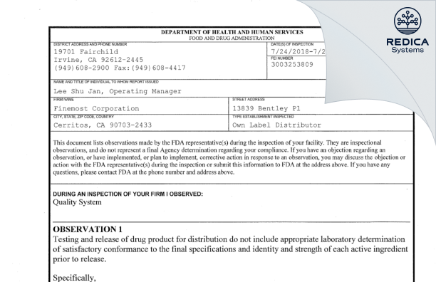 FDA 483 - Finemost Corporation [Cerritos / United States of America] - Download PDF - Redica Systems