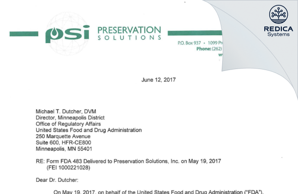 FDA 483 Response - Preservation Solutions, Inc. [Elkhorn / United States of America] - Download PDF - Redica Systems