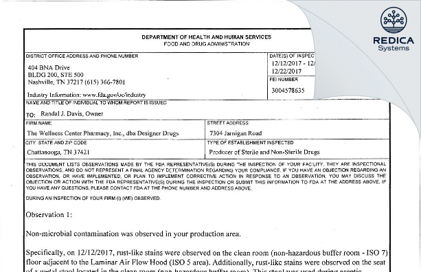 FDA 483 - The Wellness Center Pharmacy, Inc., dba Designer Drugs [Chattanooga / United States of America] - Download PDF - Redica Systems