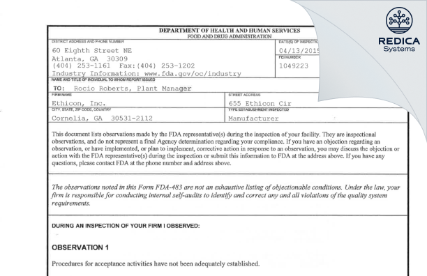 FDA 483 - Ethicon, Inc. [Cornelia / United States of America] - Download PDF - Redica Systems