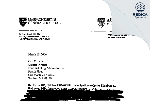 FDA 483 Response - Elizabeth L. Hohmann, M.D. [Boston / United States of America] - Download PDF - Redica Systems
