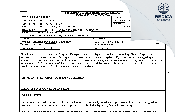 FDA 483 - Wyeth Pharmaceuticals Company [Guayama / United States of America] - Download PDF - Redica Systems