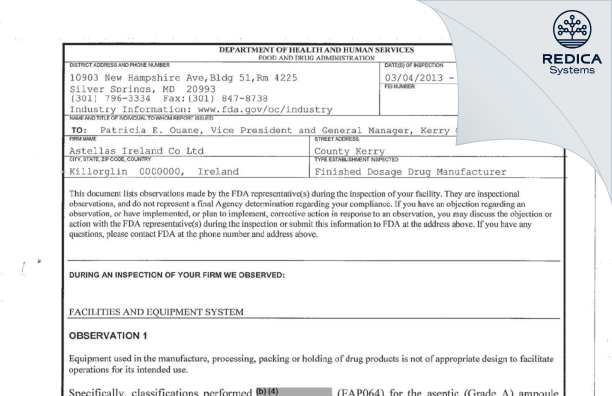 FDA 483 - Astellas Ireland Co., Ltd. [Bansha Killorglin / Ireland] - Download PDF - Redica Systems
