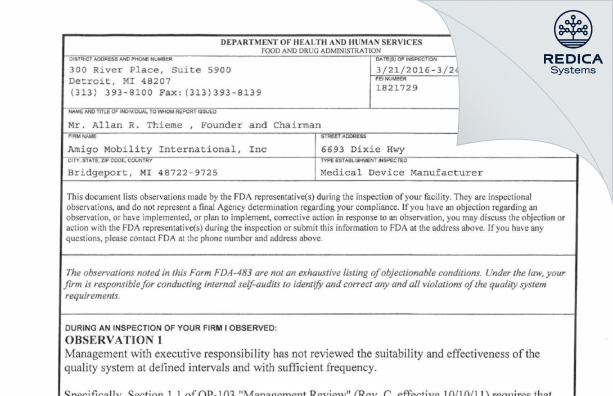 FDA 483 - Amigo Mobility International, Inc [Bridgeport / United States of America] - Download PDF - Redica Systems