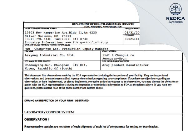 FDA 483 - Aekyung Industrial Co., Ltd. [- / Korea (Republic of)] - Download PDF - Redica Systems