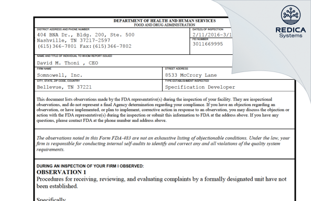 FDA 483 - Somnowell, Inc. [Bellevue / United States of America] - Download PDF - Redica Systems