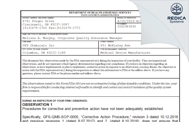 FDA 483 - GFS Chemicals Inc [Columbus / United States of America] - Download PDF - Redica Systems