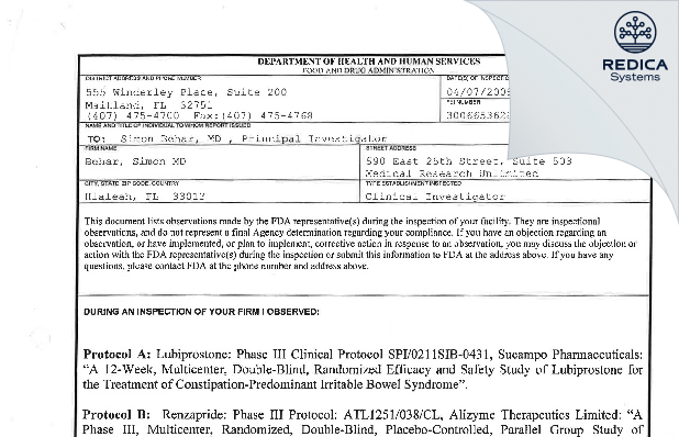 FDA 483 - Simon Behar, MD [Hialeah / United States of America] - Download PDF - Redica Systems