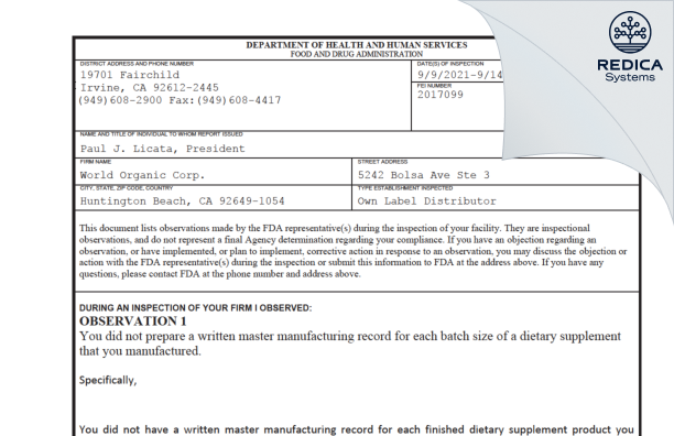 FDA 483 - World Organic Corp. [Huntington Beach / United States of America] - Download PDF - Redica Systems