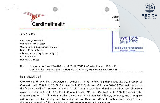 FDA 483 Response - CARDINAL HEALTH 247, INC F/K/A EMERGE MEDICAL, INC [Denver / United States of America] - Download PDF - Redica Systems