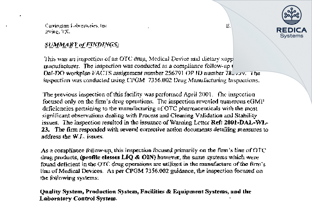 EIR - Carrington Laboratories, Inc [Irving / United States of America] - Download PDF - Redica Systems