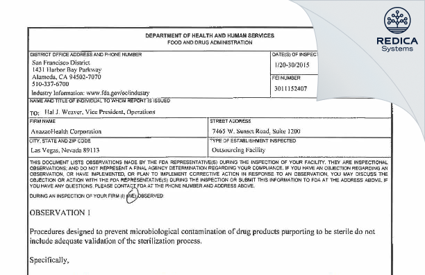 FDA 483 - AnazaoHealth Corporation [Las Vegas / United States of America] - Download PDF - Redica Systems