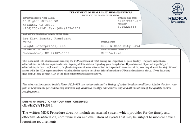 FDA 483 - Bright Enterprises, Inc [Greensboro / United States of America] - Download PDF - Redica Systems