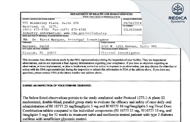 FDA 483 - Marquez, Farid [Hialeah / United States of America] - Download PDF - Redica Systems