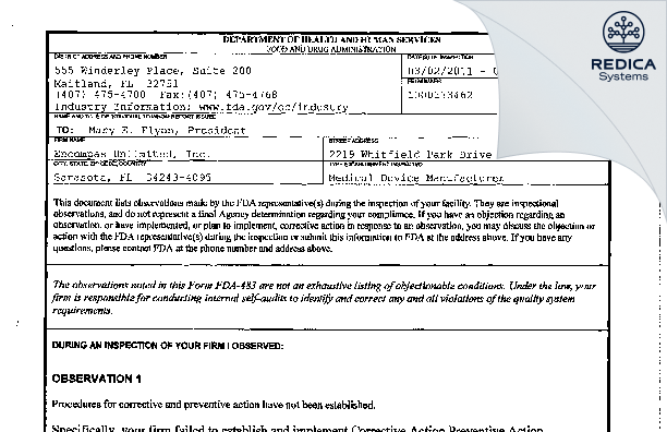 FDA 483 - Encompas Unlimited, Inc. [Sarasota / United States of America] - Download PDF - Redica Systems