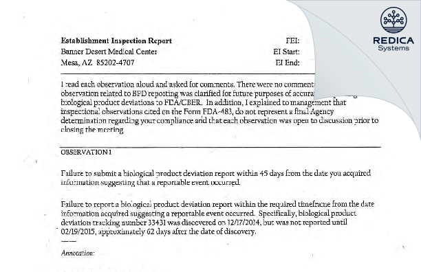 FDA 483 Response - Banner Desert Medical Center [Mesa / United States of America] - Download PDF - Redica Systems