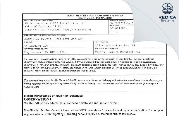 FDA 483 - C4 Imaging LLC [Doylestown / United States of America] - Download PDF - Redica Systems