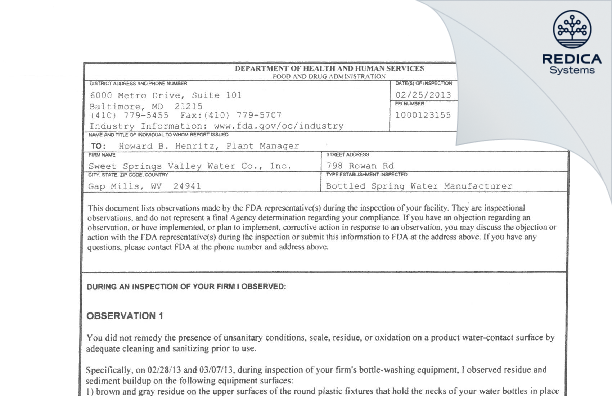 FDA 483 - Sweet Springs Valley Water Co., Inc. [Gap Mills / United States of America] - Download PDF - Redica Systems