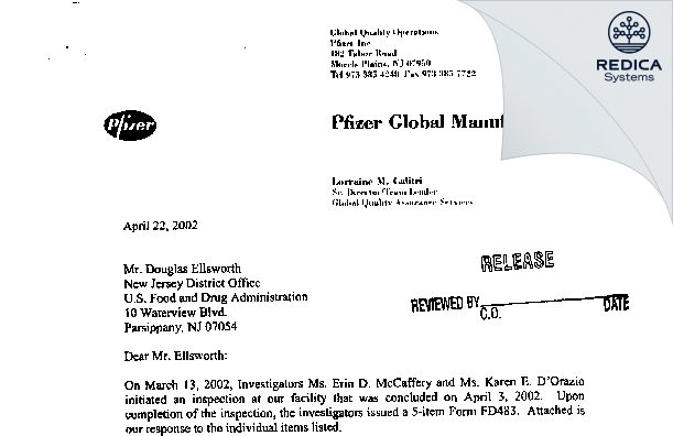 FDA 483 Response - Pfizer Inc. [Parsippany / United States of America] - Download PDF - Redica Systems