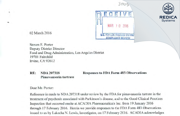 FDA 483 Response - Acadia Pharmaceuticals Inc. [San Diego / United States of America] - Download PDF - Redica Systems