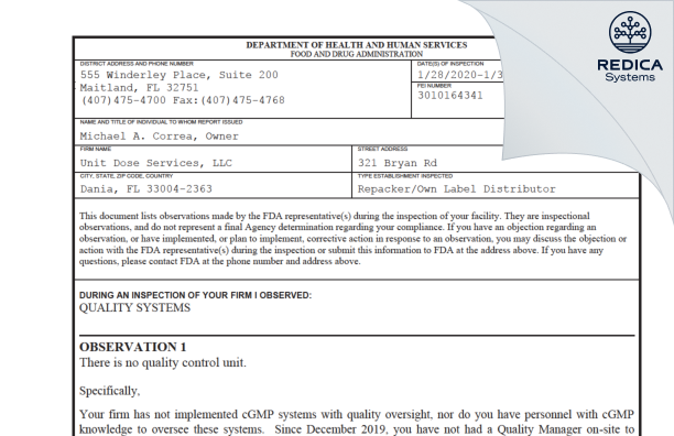 FDA 483 - Unit Dose Services, LLC [Dania Beach Florida / United States of America] - Download PDF - Redica Systems