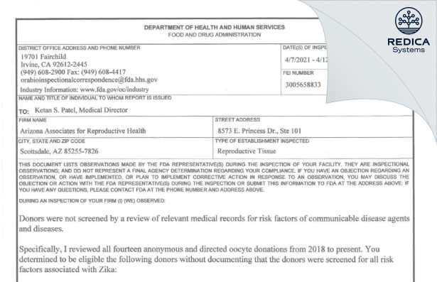 FDA 483 - Arizona Associates for Reproductive Health [Scottsdale / United States of America] - Download PDF - Redica Systems